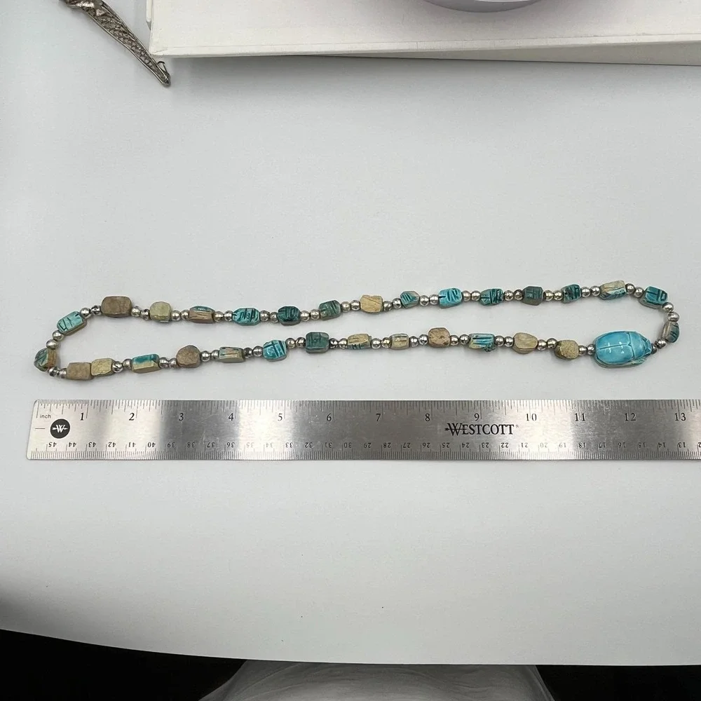 Vintage Egyptian Revival Scarab Beetle Beads Necklace & Filigree‎ Bracelet Set